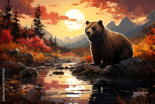 a bear is standing on a rock near a river at sunset