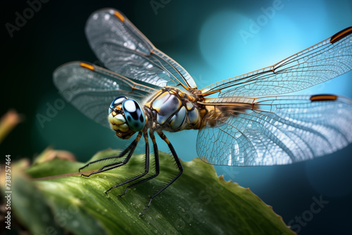 Closeup of dragonfly sitting on plant. Generative AI