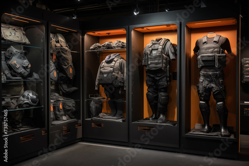 Military shop display featuring tactical vests and helmets. Generative AI