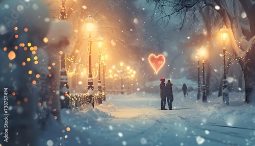 Loving scene of couple walking on a snowy winter day heart over head valentine s day 