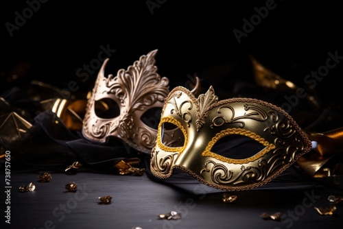 Two metallic gold masks on black stage background with copy space. © ORG
