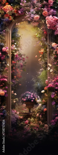 Mystical garden of flowers in full bloom with an archway leading to a bright light
