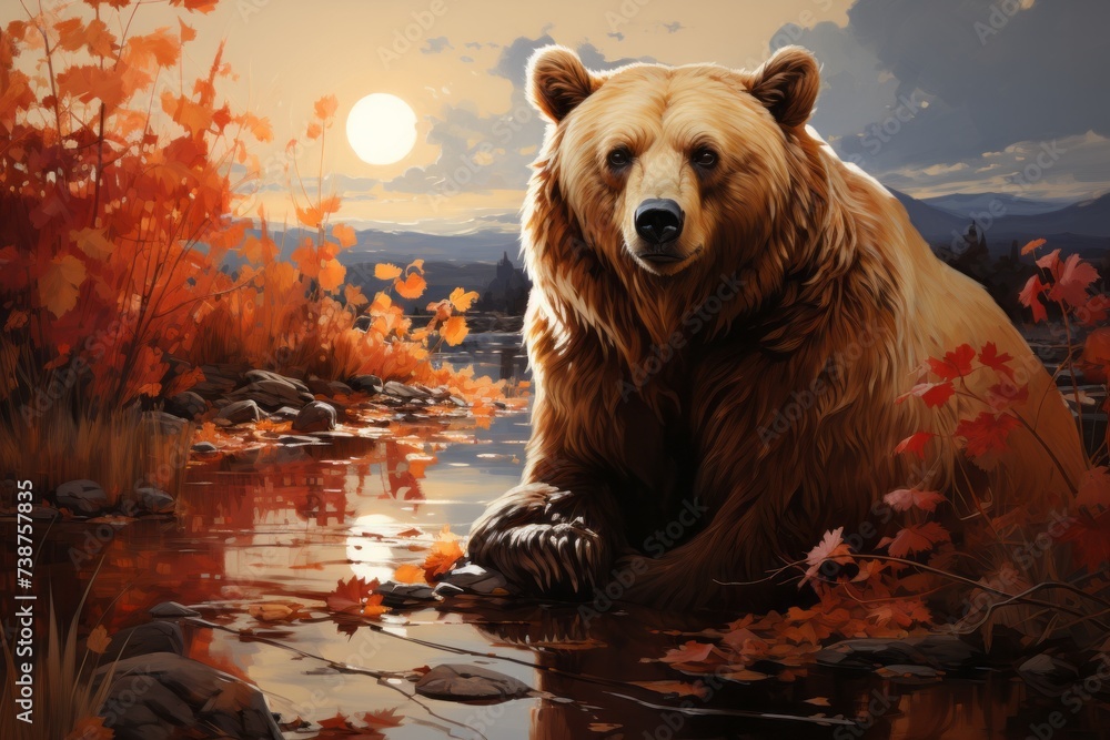 a brown bear is standing next to a body of water in a painting