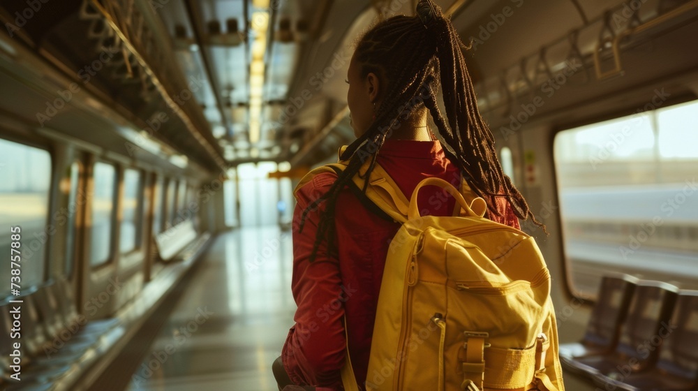 Young woman traveler with backpack traveling by train.Solo traveler. Young woman traveler with backpack traveling by train.Solo traveler.