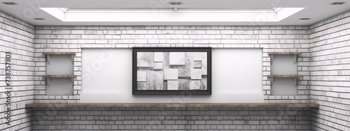 White brick wall with painting and shelves.