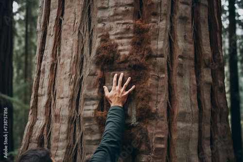 Male hand embracing majestic sequoia tree. Generative AI