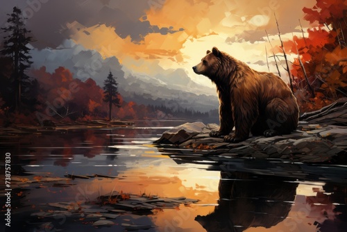 a bear is sitting on a rock near a lake at sunset © yuchen