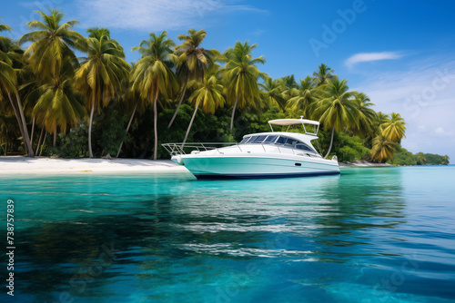 Motorboat anchored by secluded island with crystal-clear water. Generative AI photo