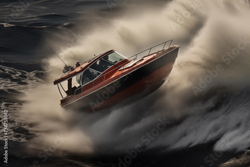 Motorboat racing across choppy waves. Generative AI