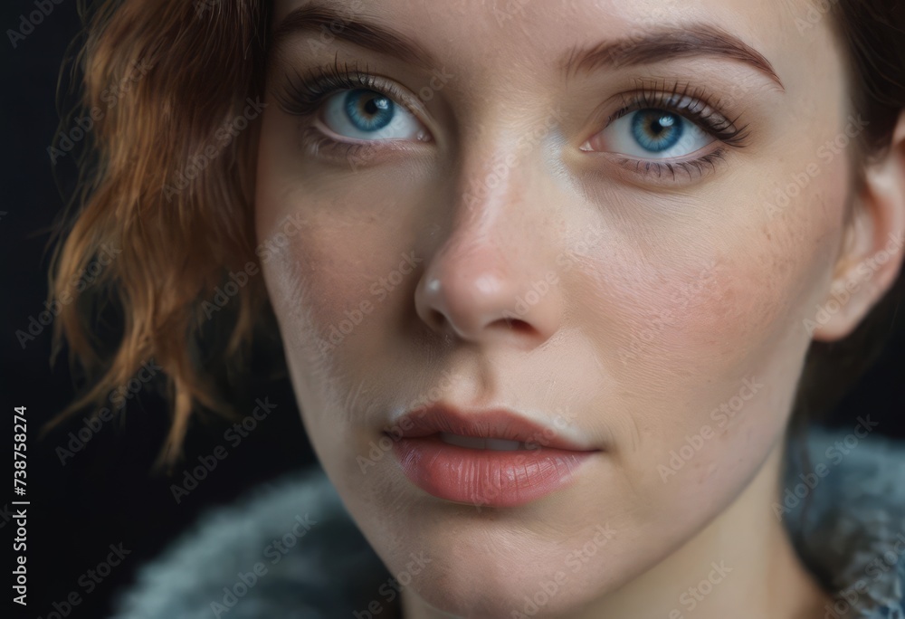 Close-up macro portrait of a female face. A woman with open blue eyes and daytime cosmetic makeup. A girl with perfect skin and freckles. Close-up macro portrait of a female face. A woman with open blue eyes and daytime cosmetic makeup. A girl with perfect skin and freckles.