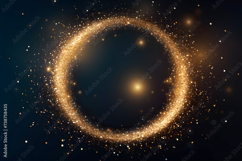 Gold glitter circle of light shine sparkles and golden spark particles in circle frame on black background. Christmas magic stars glow, firework confetti of glittery ring shimmer	 - obrazy, fototapety, plakaty 