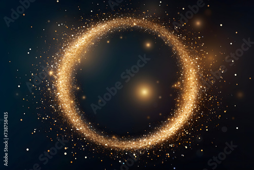 Gold glitter circle of light shine sparkles and golden spark particles in circle frame on black background. Christmas magic stars glow, firework confetti of glittery ring shimmer	