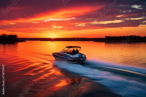 Fast motorboat towing water skier in romantic vibrant sunset. Generative AI