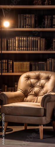 Elegant tufted leather chair in a library with dark wood bookshelves.