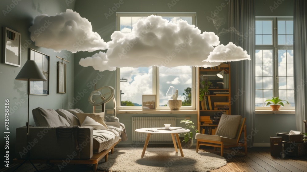 Fototapeta premium Cloud in the living room. The interior is in a modern style with a real fluffy cloud inside. Light and airy lifestyle. 