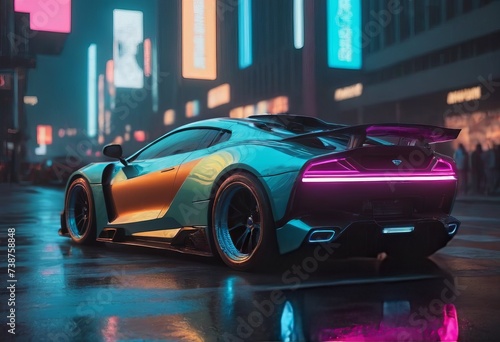 Tuned Sport Car , cyberpunk Retro Sports Car On Neon Highway. Powerful acceleration of a supercar on a night track with colorful lights and trails © Алексей Ковалев