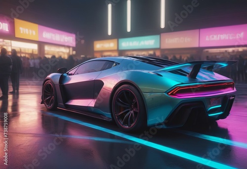Tuned Sport Car , cyberpunk Retro Sports Car On Neon Highway. Powerful acceleration of a supercar on a night track with colorful lights and trails © Алексей Ковалев