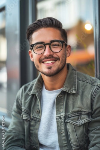 A stylish man sporting glasses and a warm smile stands confidently in front of a building, exuding a sense of intelligence and sophistication