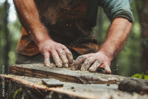 A rugged artisan man cooks over an outdoor fire, his hands skillfully crafting a piece of wood for the perfect meal