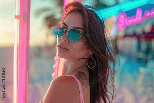 A young woman on a beach, neon-colored sun shadows © piai