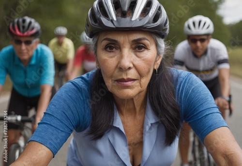 An elderly female cyclist riding a bicycle. An active elderly grandmother enjoying a healthy lifestyle and freedom © Алексей Ковалев