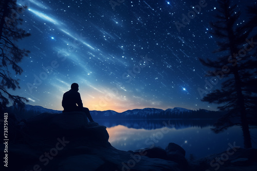 Alone man stargazing under clear night sky in woods. Generative AI
