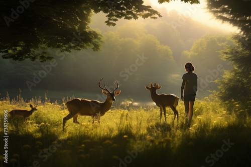 Girl watching family of deer graze in sunlit meadow. Generative AI