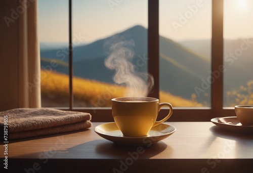 A table with a coffee mug. Sunlight. Beautiful view of the mountains on a sunny day through the window in a private house.