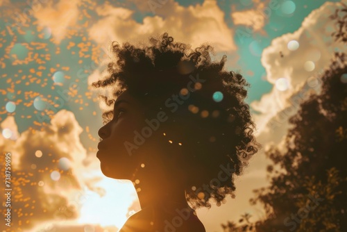 A free-spirited woman stands tall, her afro a puffy cloud against the vibrant sky, basking in the warm backlight of the sun as she embraces the beauty of nature amongst the towering trees