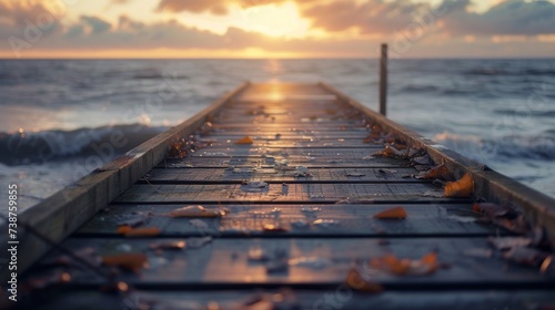As the sun sets over the horizon, a peaceful wooden dock extends into the glistening ocean, its boardwalk inviting us to take a stroll and soak in the serene seascape photo