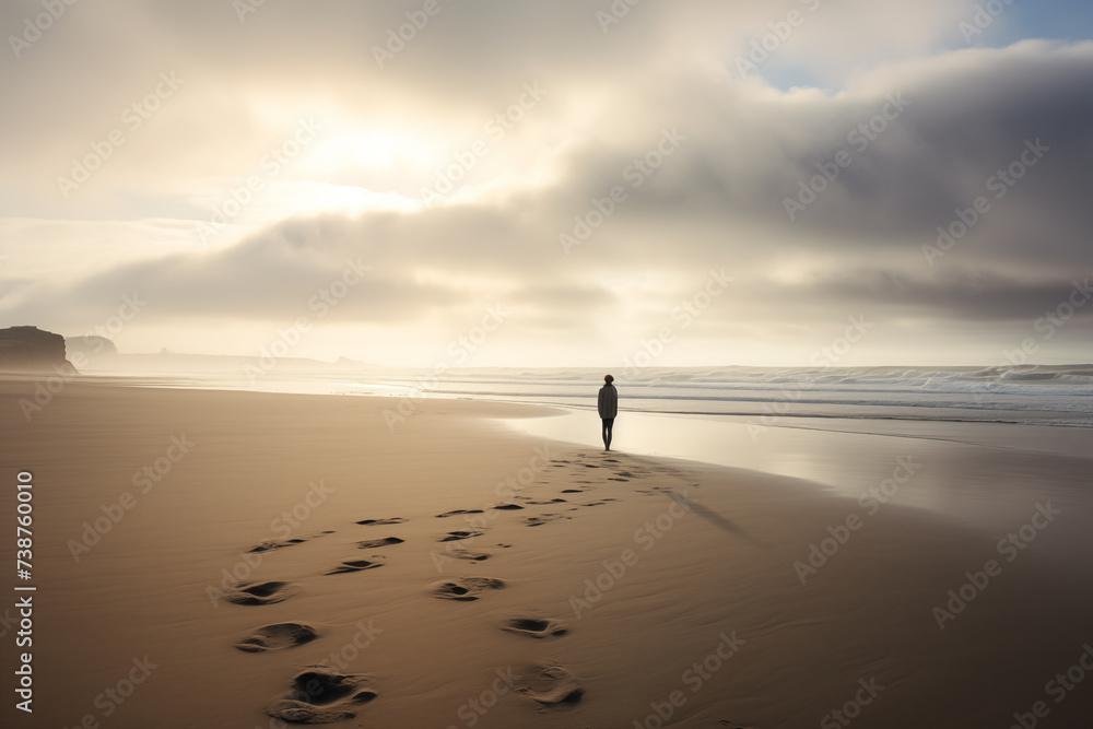 Person enjoying moment of solitude on remote beach. Generative AI Person enjoying moment of solitude on remote beach. Generative AI