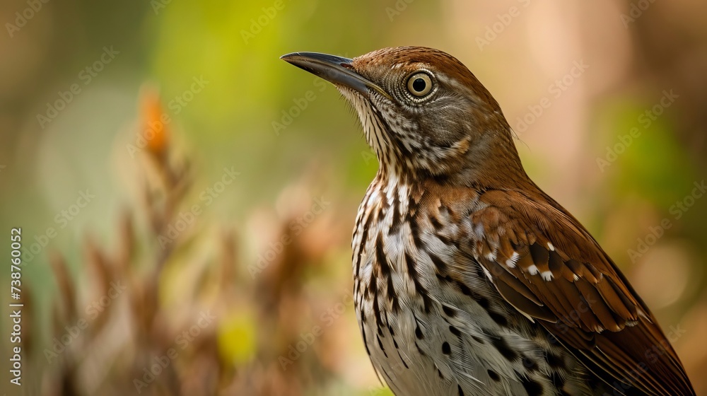Fototapeta premium Close-Up of a Brown Thrasher Bird Amidst Nature, Showcasing Its Detailed Feathers and Alert Expression