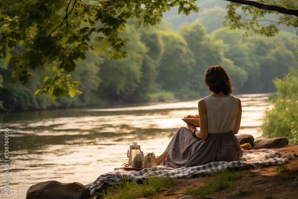 Fototapeta premium Young woman enjoying picnic by tranquil riverbank. Generative AI