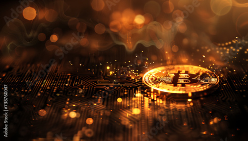 an image showing a gold coin in dark technology backg