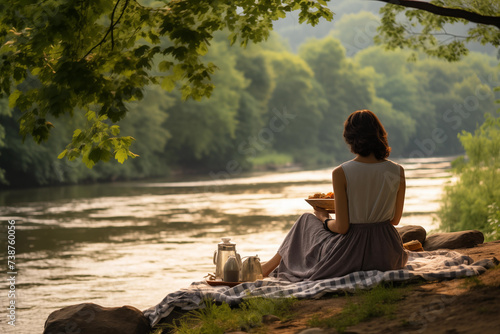 Young woman enjoying picnic by tranquil riverbank. Generative AI