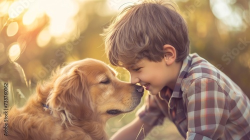 A young boy shares a tender kiss with his faithful golden retriever, their matching brown coats blending seamlessly as they enjoy the outdoors together photo