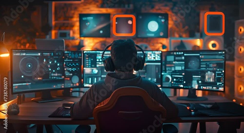 Cyber security concept. Rear view of young man in headphones using computer monitors while sitting at his working place photo