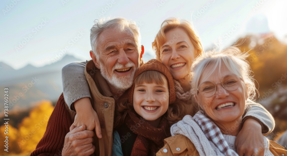 A joyful group of individuals, including a beaming woman and a curious toddler, gather together in front of a breathtaking mountain backdrop, capturing a moment of happiness and togetherness A joyful group of individuals, including a beaming woman and a curious toddler, gather together in front of a breathtaking mountain backdrop, capturing a moment of happiness and togetherness