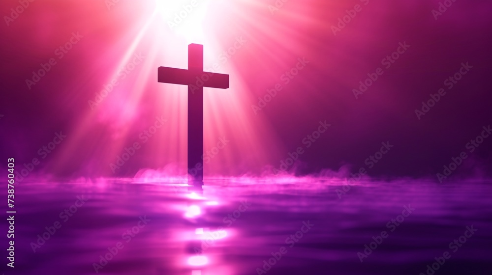 a cross in the water with light shining through
