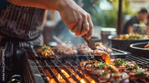 A skilled chef creates a mouthwatering street food dish on a sizzling barbecue grill, expertly skewering tender meat for a tantalizing churrasco delicacy