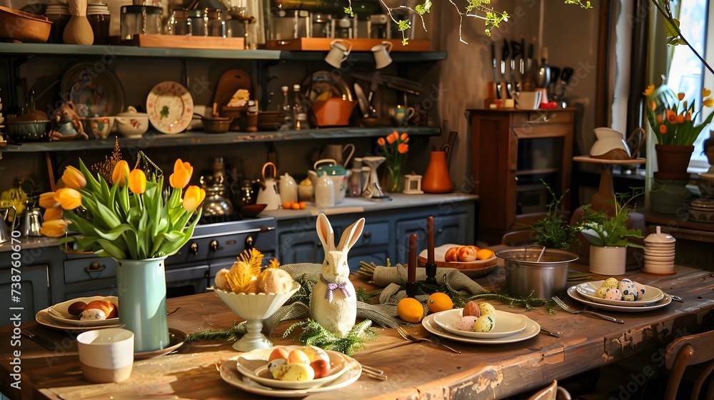 Festive decoration of the easter kitchen and table

