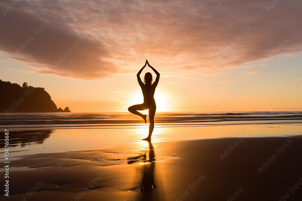 Woman practicing yoga on peaceful beach at sunrise. Generative AI