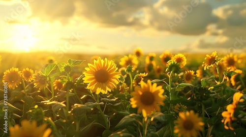 field of blooming sunflowers in sunshine isolated on transparent background overlay template