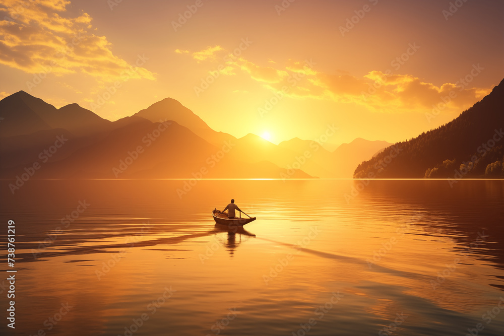 Sailing across serene lake at dawn. Generative AI