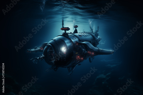 Small scientific submarine exterior with lights illuminating underwater. Generative AI