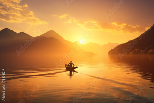Sailing across serene lake at dawn. Generative AI