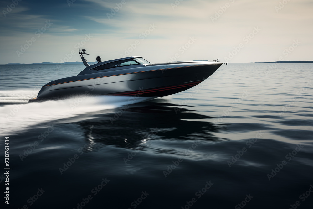 Fototapeta premium Sleek motorboat cruising on calm waters. Generative AI