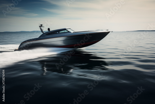 Sleek motorboat cruising on calm waters. Generative AI © Nomad_Soul