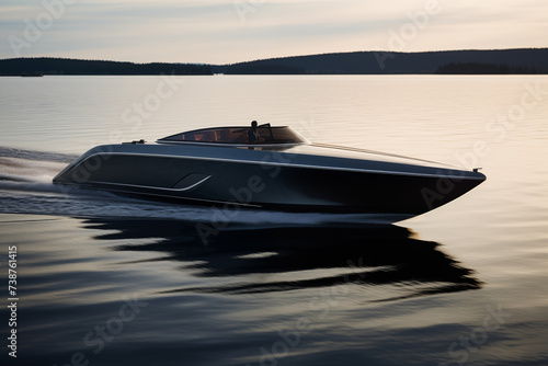 Sleek motorboat cruising on calm waters. Generative AI photo