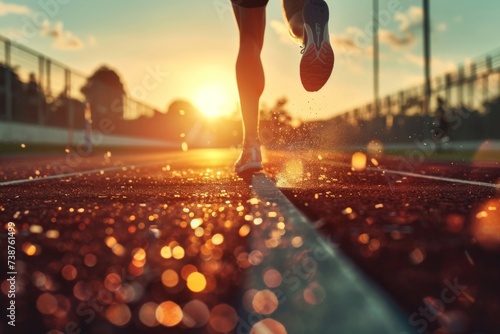 As the sun sets behind the sprawling cityscape, a determined person races against the fading light on the track, their silhouette highlighted by the fiery sky and their body glistening with sweat und